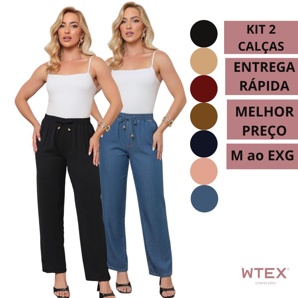 KIT 2 CALÇAS Pantalona Flare soltinha feminina cintura alta tecido duna em Oferta na Shopee