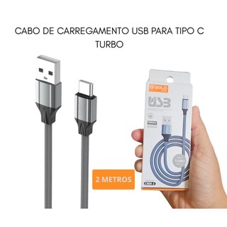 Cabo USB Tipo-C ou iOS Turbo 2 Metros — Carregamento Rápido, Resistente e Sustentável | A'GOLD