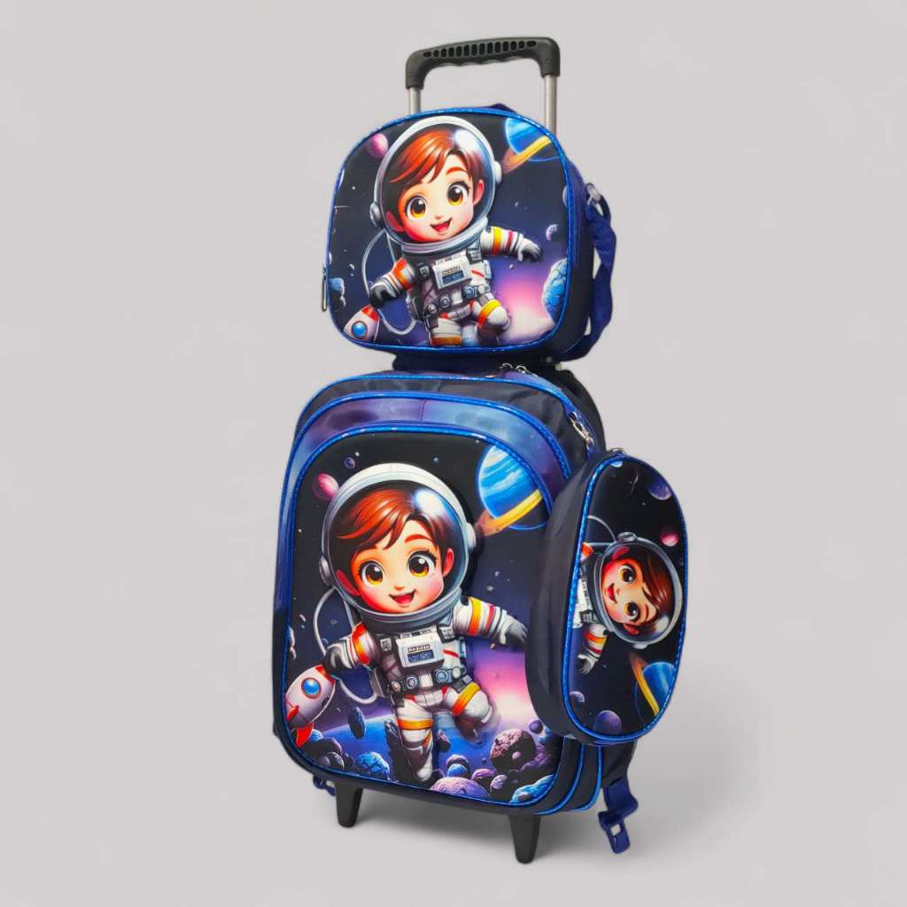 Mochila Infantil com Rodinha Escolar Unisesso Astronauta 3D com LED, Kit Mochila Lancheira Estojo