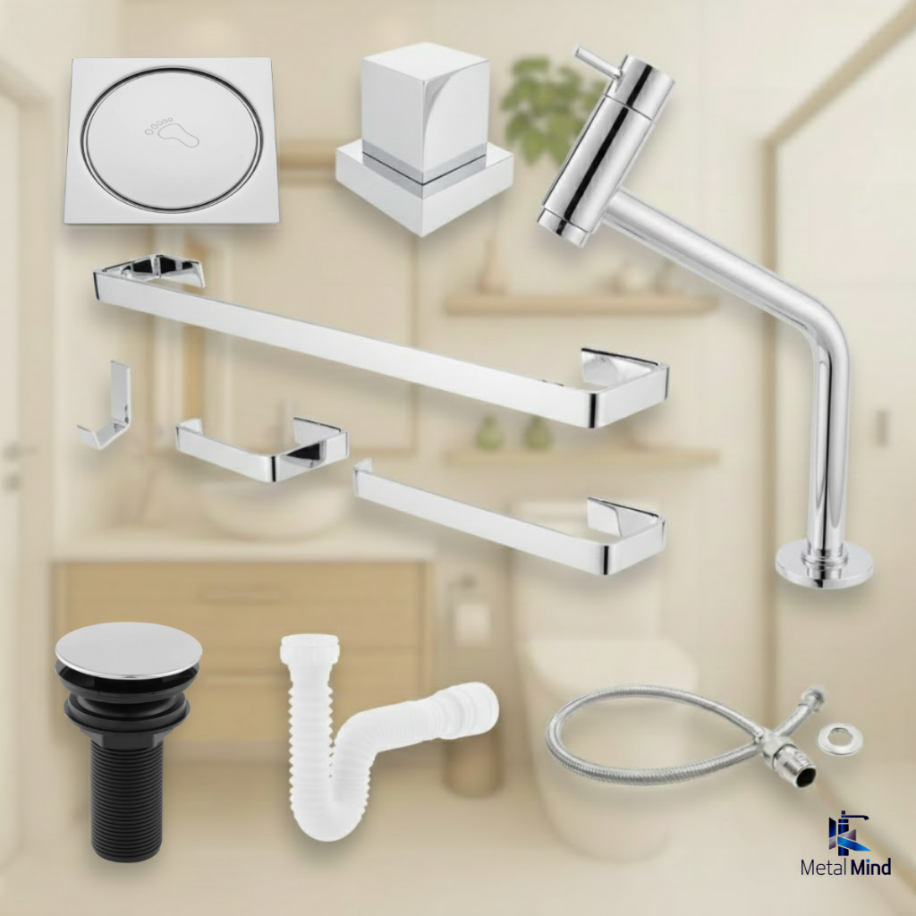 Kit Banheiro Cromado Completo Luxo – Torneira, Sifão, Engate, Válvula Click, Acessórios, Acabamento em Oferta na Shopee
