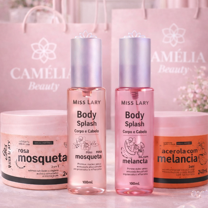Kit Esfoliante corpo e rosto + Body Splash Cabelo e Corpo de Acerola e Melancia  Miss Lary