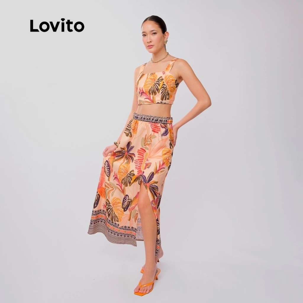 Lovito Bossa I Conjunto de Top Cropped e Saia Midi com Fenda e Estampa Boho Tropical KSB864BRL894