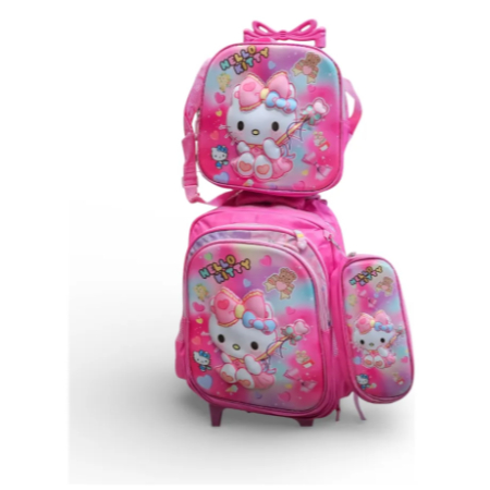 Mochila Carrinho Infantil Hello Kitty Escolar Reforçada 3 D Rosa Hello Kitty