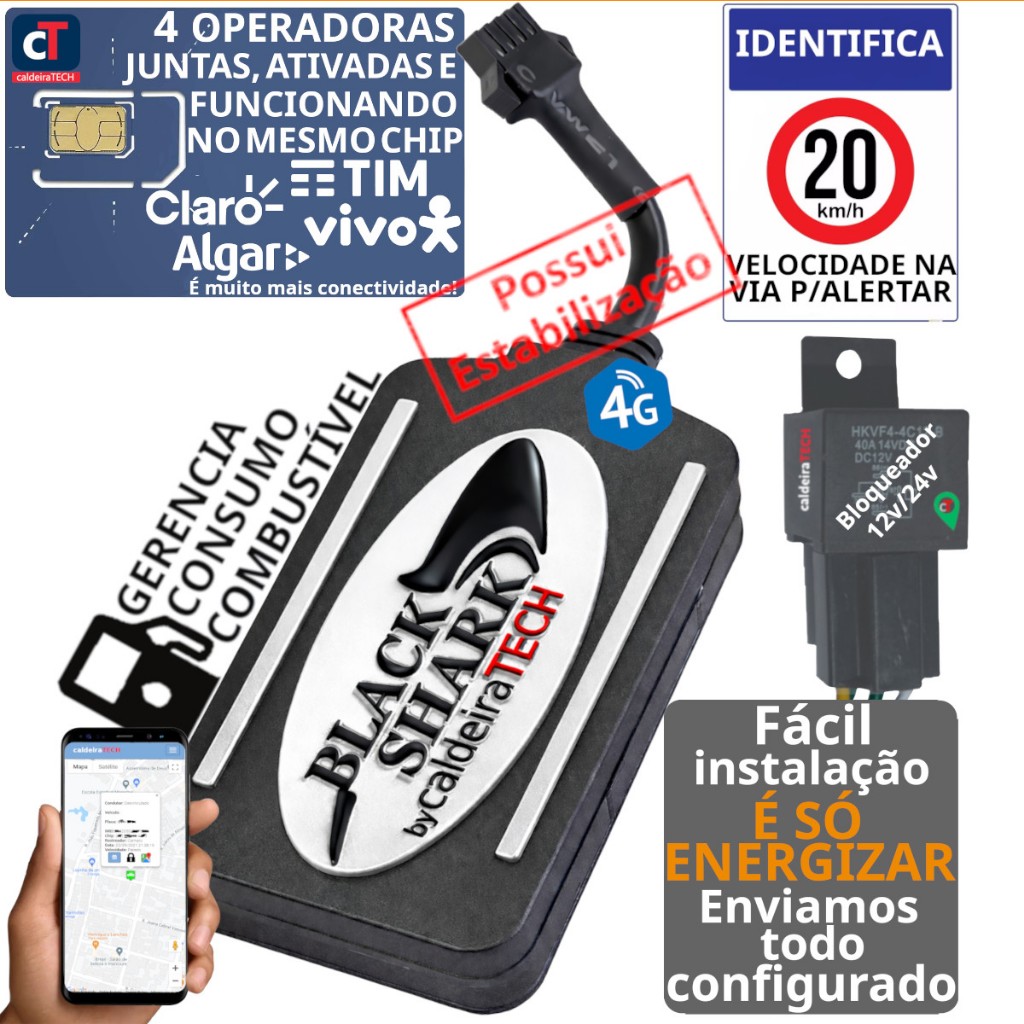 Rastreador Veicular 4G Gps BlackShark caldeiraTECH Kit Localizador Bloqueador  +APP + relé + Chip