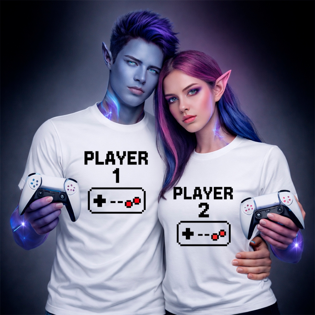 Camiseta Casal Gamer Player 1 e Player 2 Geek Nerd Namorados Presente Criativo Unissex