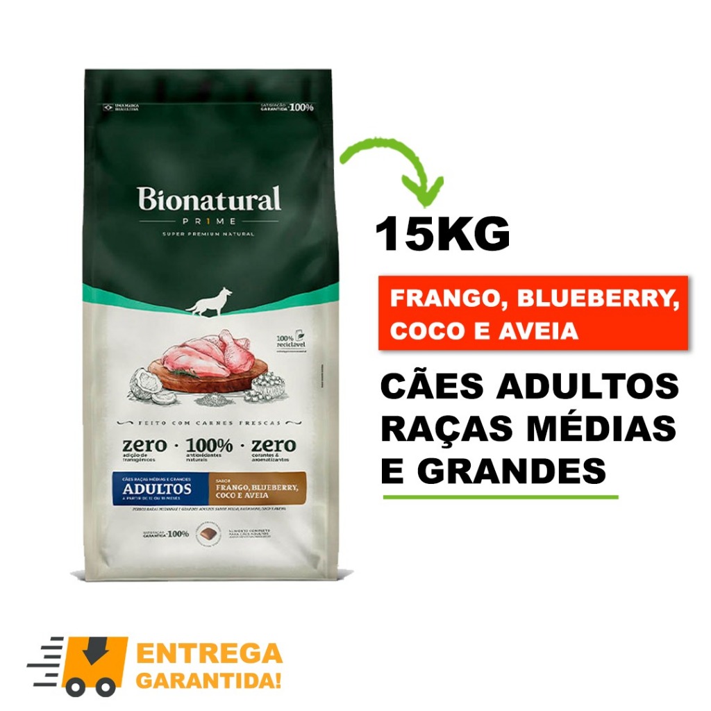 Ração Bionatural Prime para Cães Adultos de Raças Médias e Grandes Sabor Frango - 15kg em Oferta na Shopee