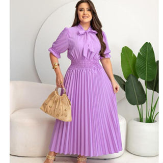 vestido midi plissado feminino laco pescoço em Oferta na Shopee