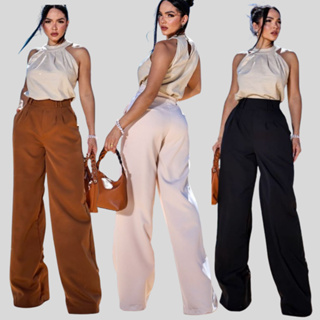 Calça Pantalona Feminina Alfaiataria Cintura Alta  Elegante e Confortável com Bolsos lateral em Oferta na Shopee