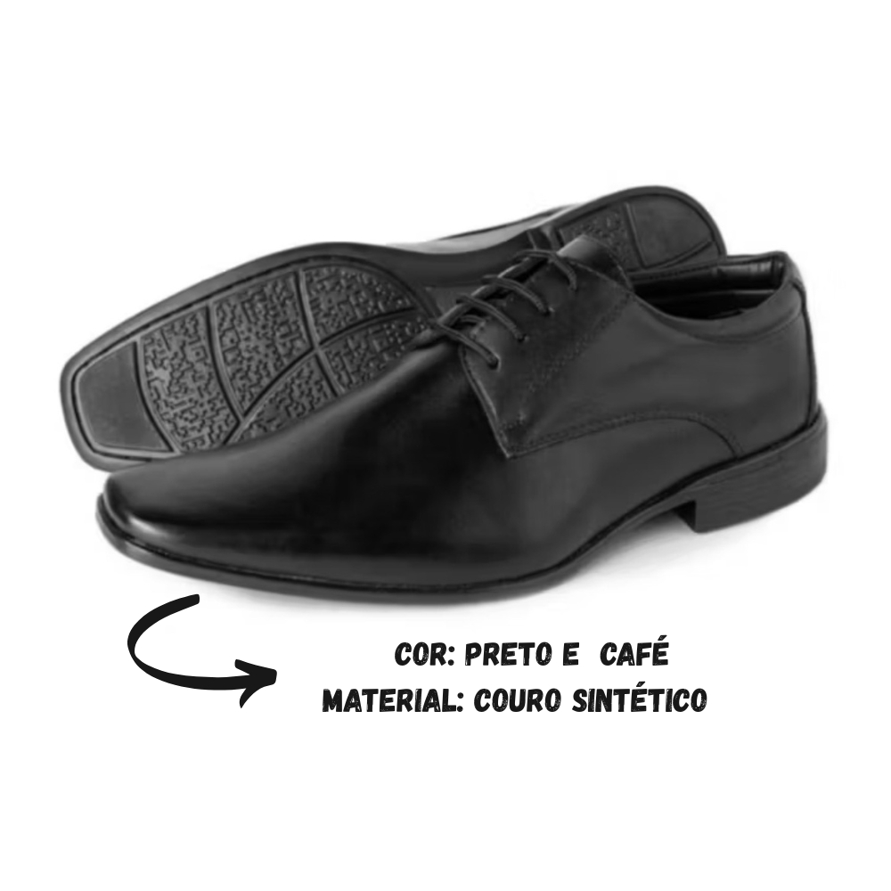 Sapato Social Masculino Clássico em Couro Sintético Com Cadarço - Preto