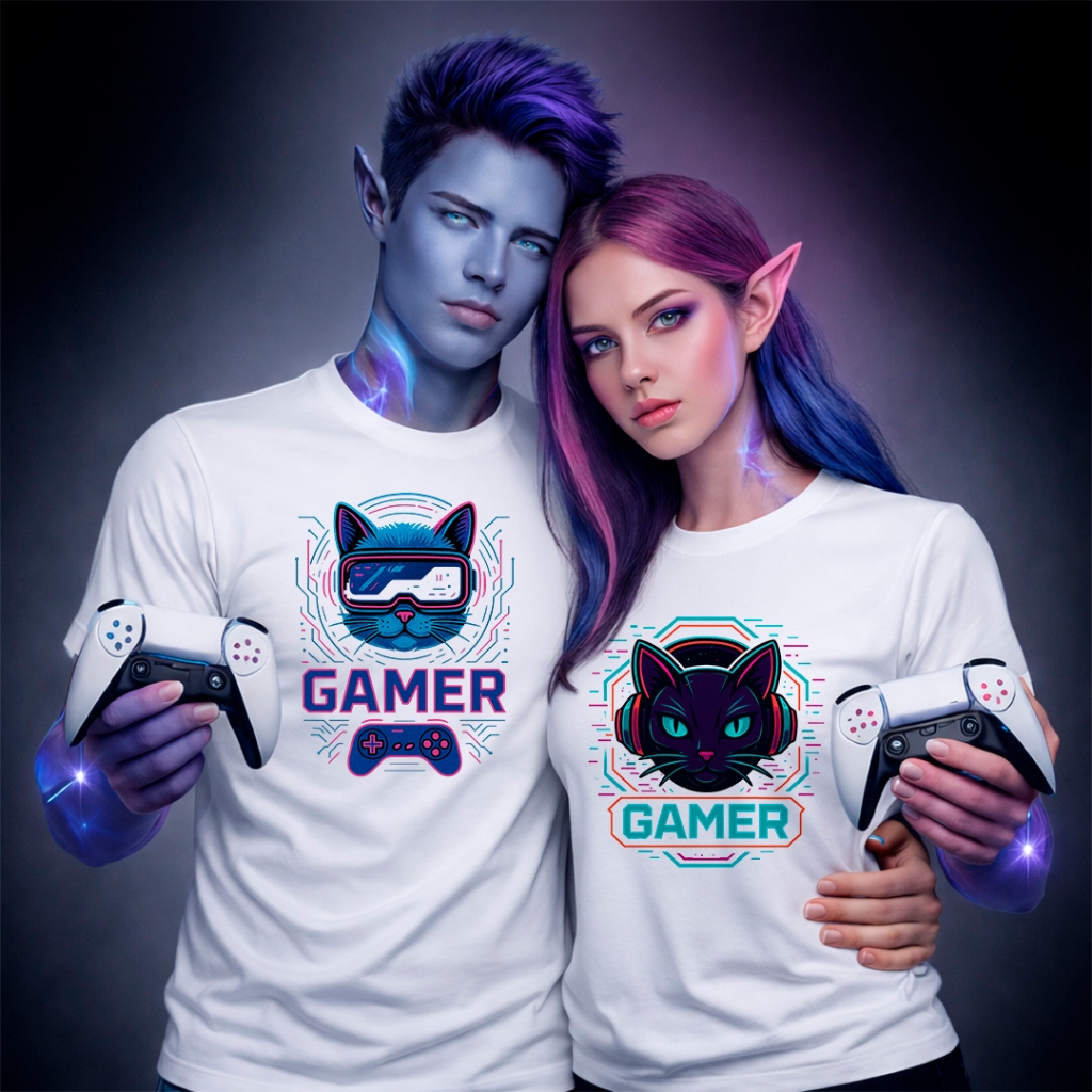 Camiseta Casal Gamer Gatos Player 1 e Player 2 Geek Nerd Fofa Presente Namorados Divertida