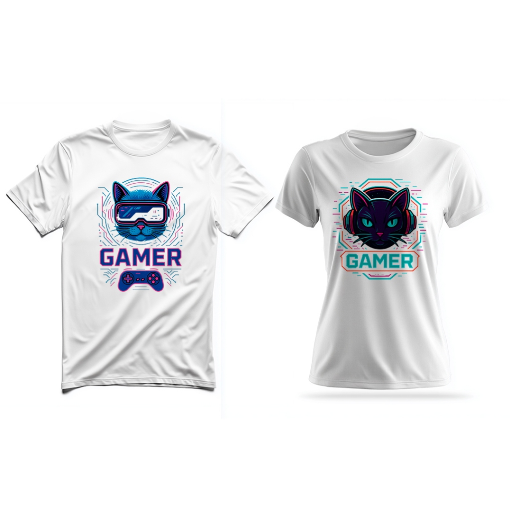 Camiseta Casal Gamer com Gatos Player 1 Player 2 Geek Nerd Presente Criativo Namoro