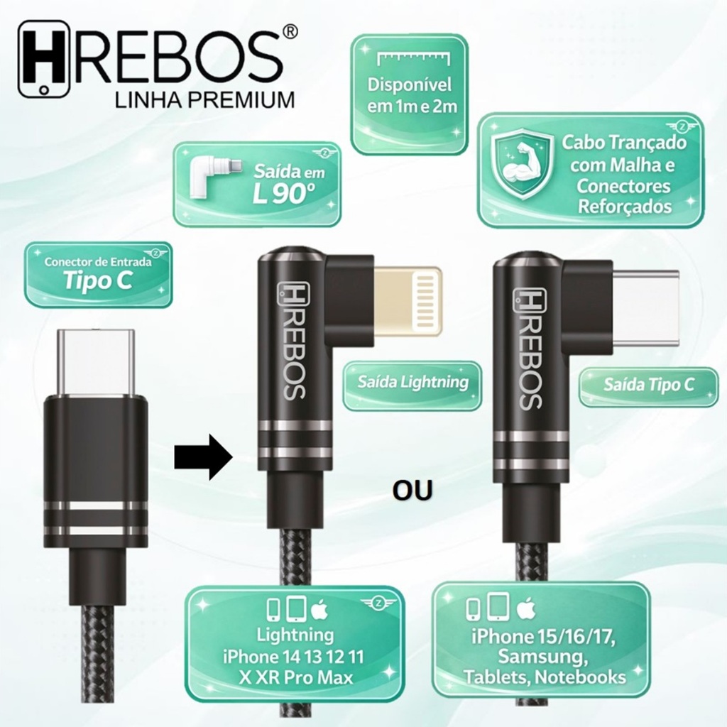 Hrebos Cabo Reforçado Turbo 1m L 90° – Compatível com Samsung e iPhone 11/12/13/14/15/16/17 em Oferta na Shopee