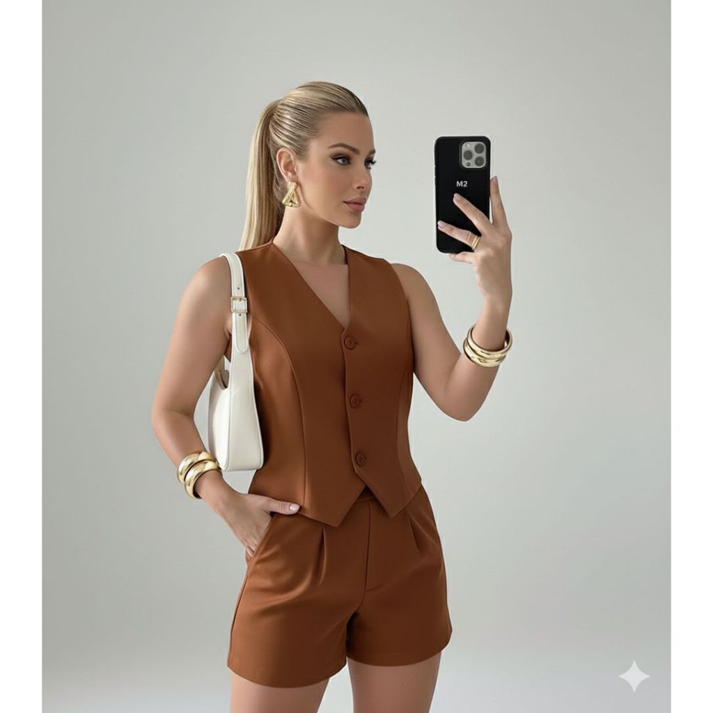 Conjunto Feminino em Alfaiataria Social Colete com 3 botões e Short com bolsos nas Laterais Versátil Moda Casual Verão em Oferta na Shopee