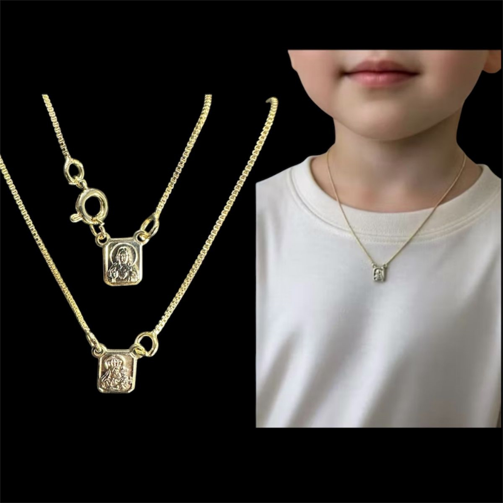 Escapulário Infantil Ouro 18k Sagrado Coração de Jesus e Nossa Senhora do Carmo, Colar Infantil ouro