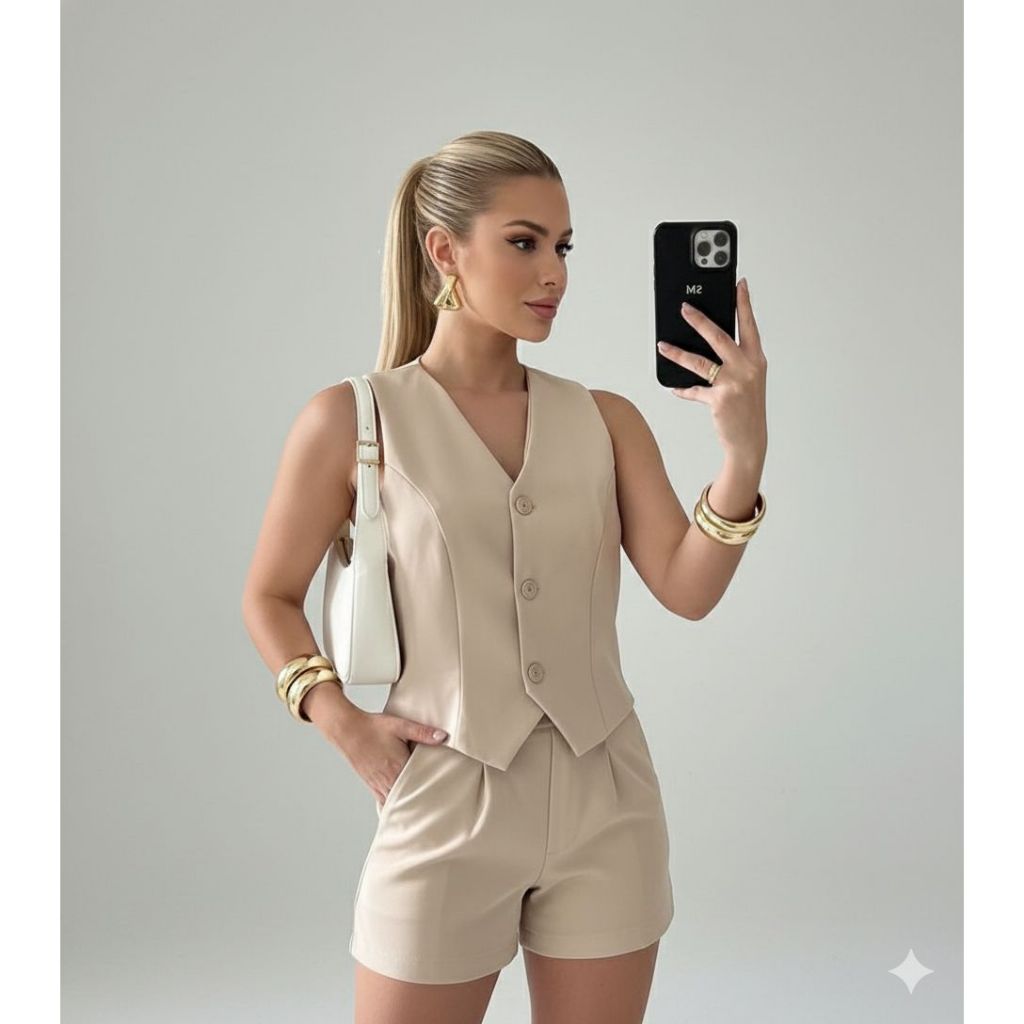 Conjunto Feminino Alfaiataria Colete e Short com Botões Forrados Bolso e Ziper Elegante Conforto em Oferta na Shopee
