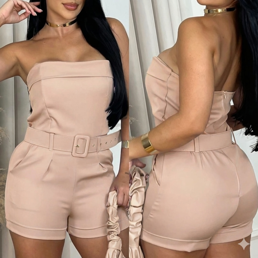 Macaquinho Crepe de Alfaiataria com cinto Curto e Social em Oferta na Shopee