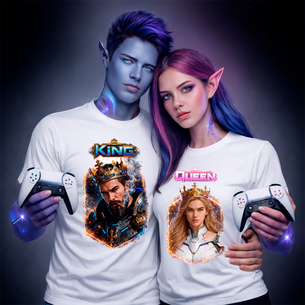 Camiseta Casal Gamer King e Queen Player 1 Player 2 Geek Nerd Jogo Presente Namorados