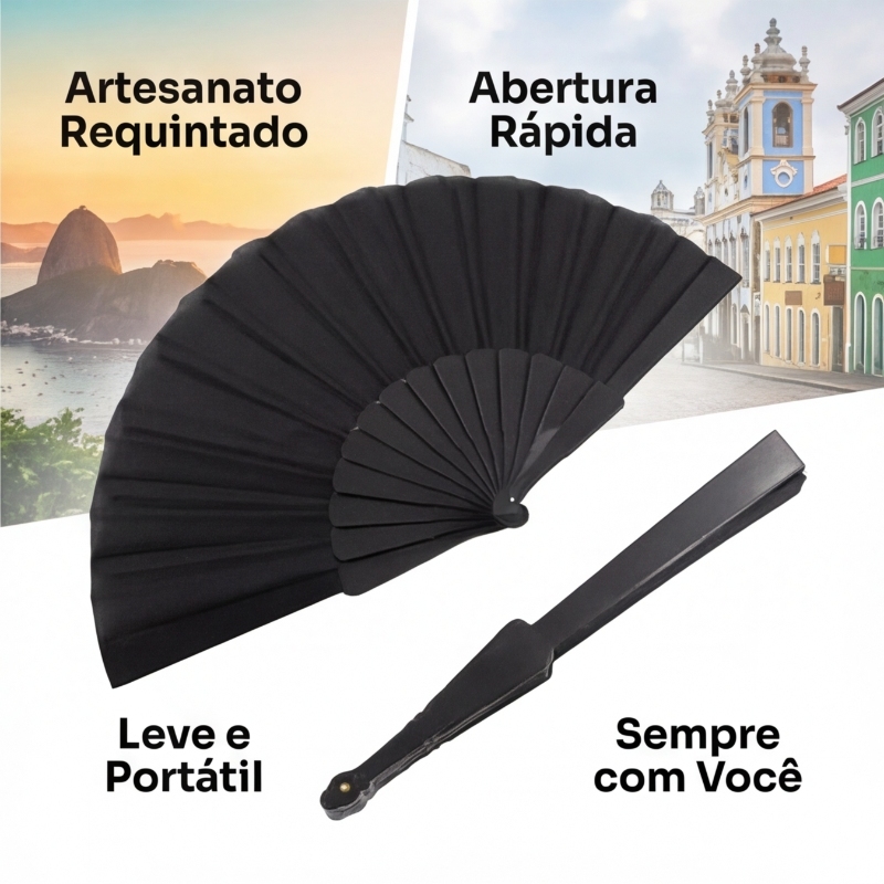 Leque Preto Dobrável — Elegante, Leve e Prático para o Calor | Presente com Significado Especial