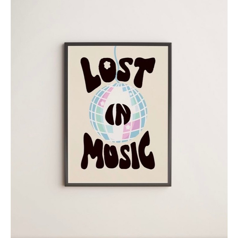 Quadros decorativos Ilustração Disco Ball Retro Frase Lost In Music (1 peça)