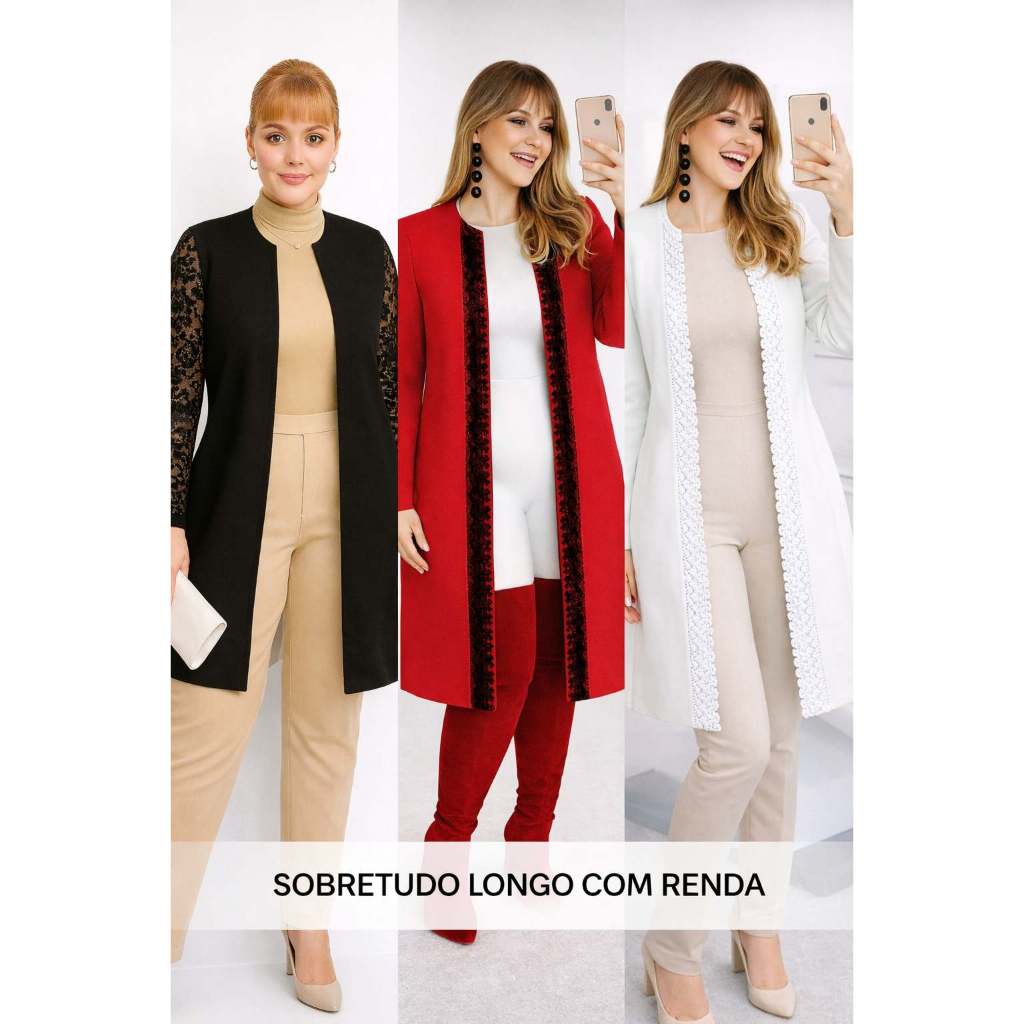 CASACO FEMININO ESTILO JALECO BRANCO MANGA RENDA CARDIGÃ LONGO SOBRETUDO PONCHO ABERTO BLUSÃ COMPRIDO PLUS SIZE