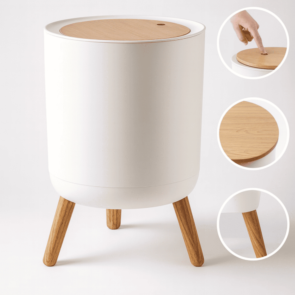 Lixeira Resistente Pé Tipo Madeira Com Tampa de Pressão Moderna Retrô Sala Escritório Banheiro Quarto