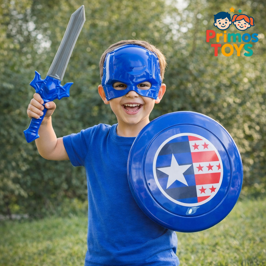 Kit do Herói Capitão América Infantil 3 Peças: Máscara + Escudo + Espada | Fantasia Super Herói Azul