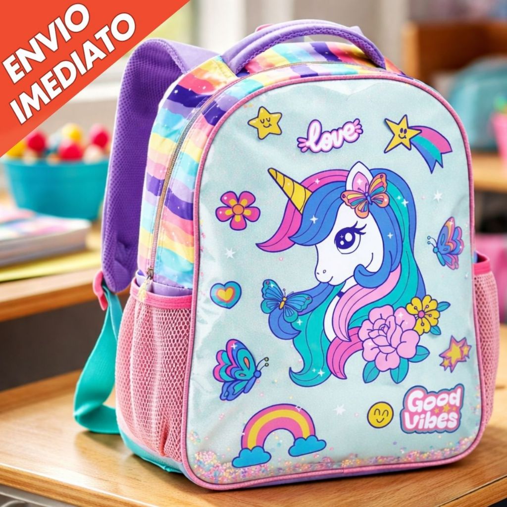 Mochila Grande Escolar Passeio Menina Infantil Unicórnio Colorida Arco Iris Alça Reforçada Seanite