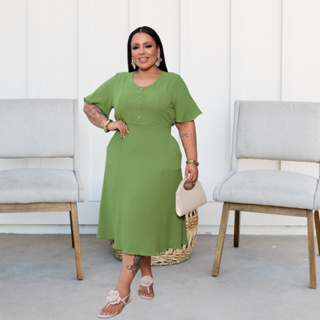 Vestido Mídi Com Botão no Busto e com Lastex nas Costas e Bolsos Funcionais em Oferta na Shopee