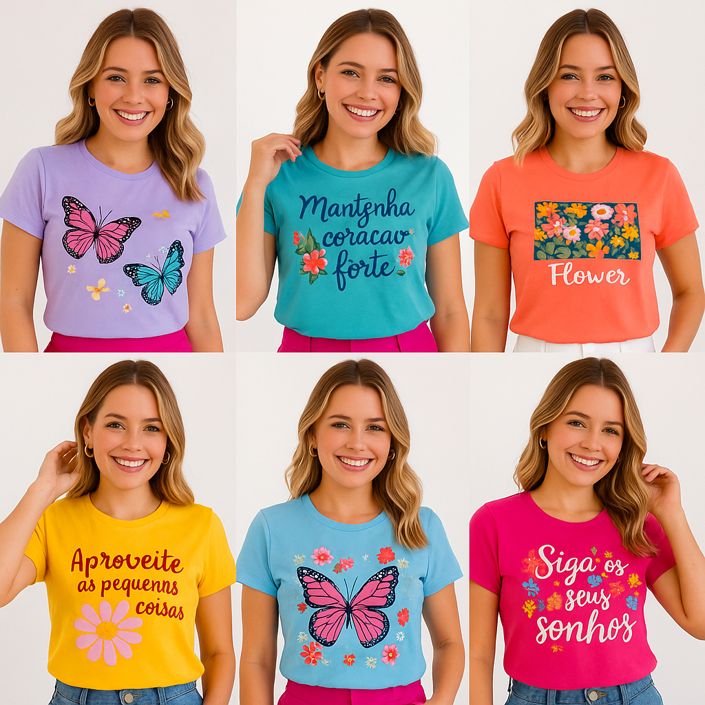 Kit 1 ou 4 Camiseta Feminina Sortidas Moda Casual Algodão Confortável Básica Dia a Dia Promoção Manga Curta