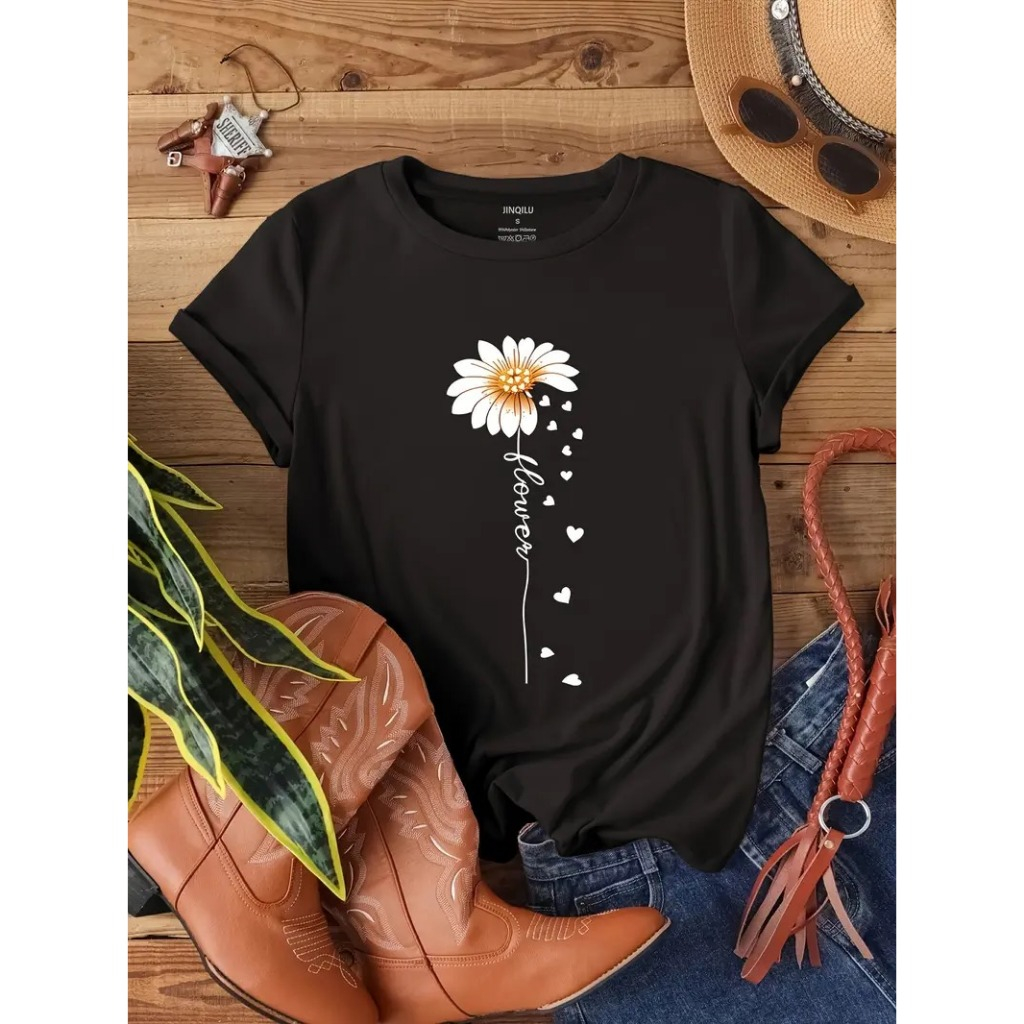 Camiseta Feminina de Algodão com Estampa de Margarida e Corações, Manga Curta, Gola Redonda, Casual