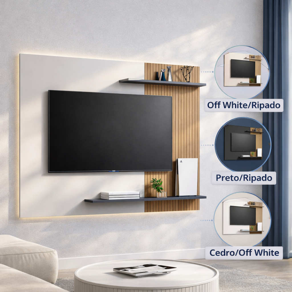 **LANÇAMENTO** Painel Suspenso Para TV até 50 Polegadas Para Sala ou Quarto Com Prateleiras Modelo Menfis - GAMA MÓVEIS
