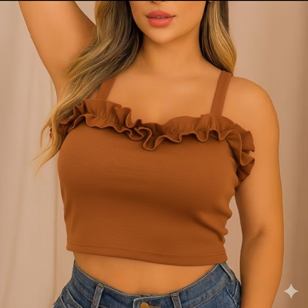 cropeed feminino alfaiataria  babado de alça em Oferta na Shopee