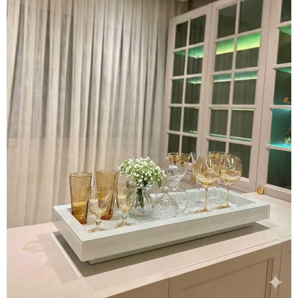 Bandeja Decoração Vidro Branco Para Sala Aparador 40X25