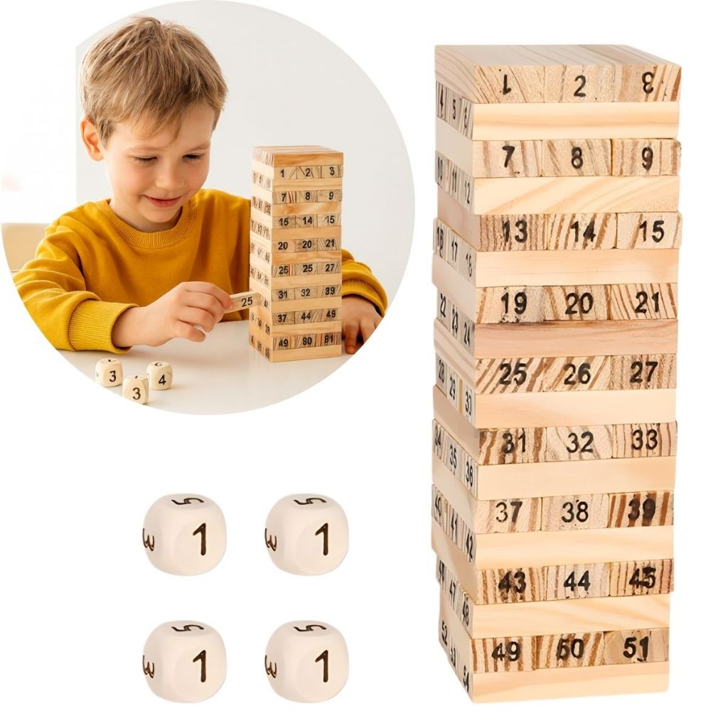 Jogo Caiu Perdeu Torre de Madeira 54 Peças Desenvolve Coordenação Motora Brinquedo