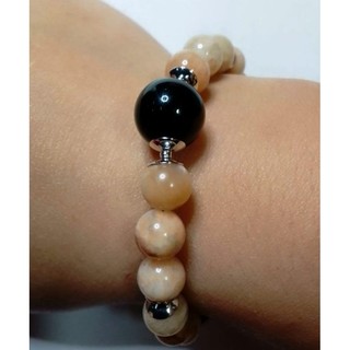 Pulseira Pingente Pedra Natural da Lua 8mm com Ágata Negra 12mm – Folheada a Ouro Branco18k