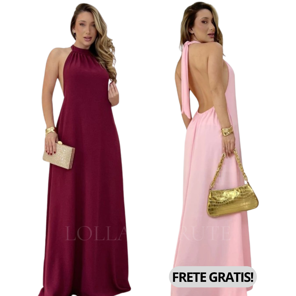 Vestido Feminino Longo Gola Alta Frente Única Costa Nua – Elegante Especial Fim de Ano ✨ em Oferta na Shopee