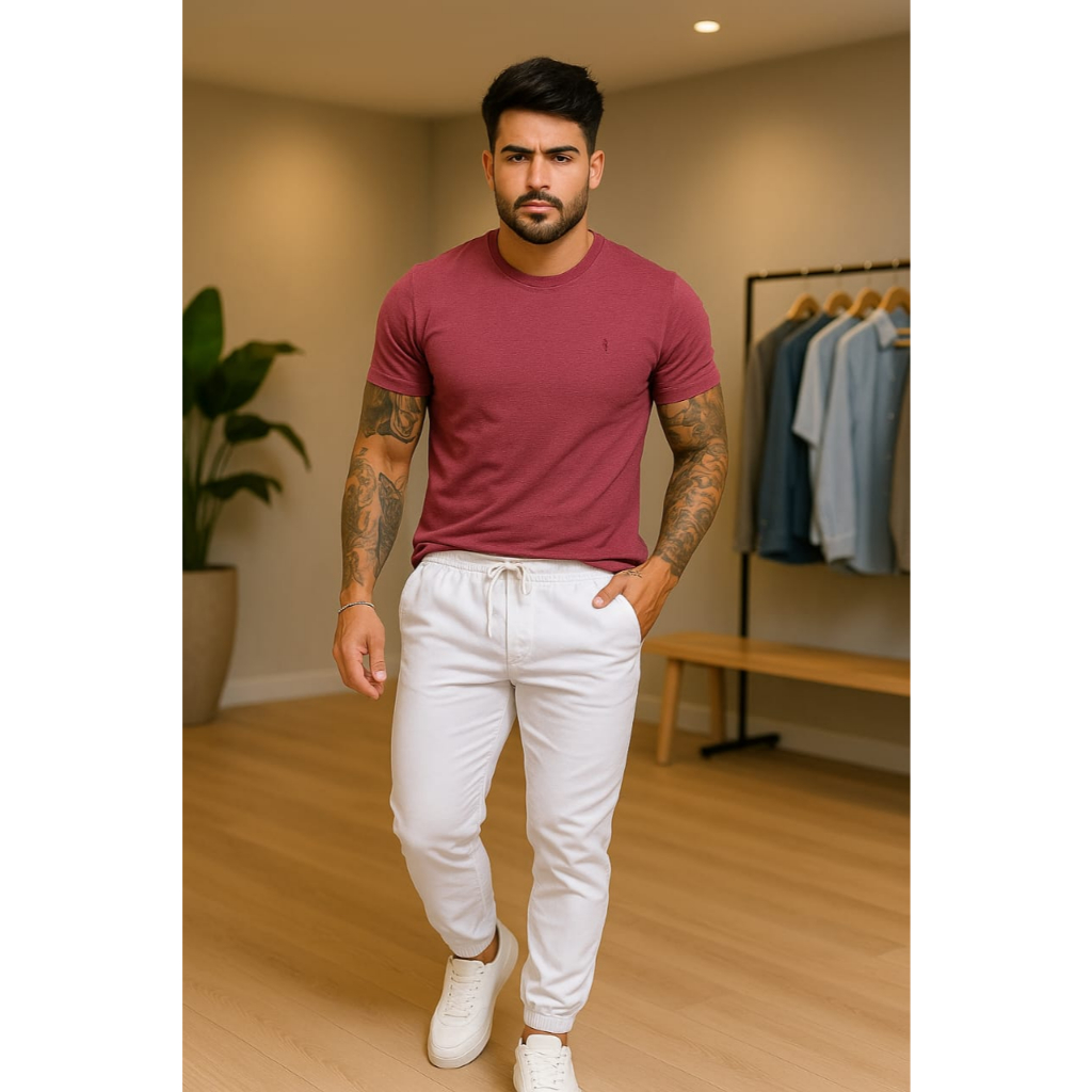 Calça Jogger Masculina Jeans Sarja Branca Punho Elástico Cordão De Regulagem Premium Confortável