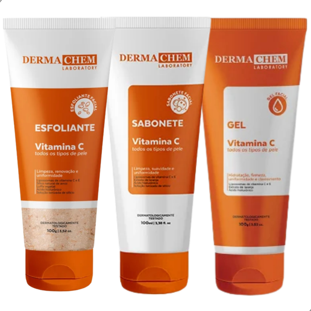 Kit Vitamina C Dermachem 3 em 1 Sabonete Facial, Gel e Esfoliante