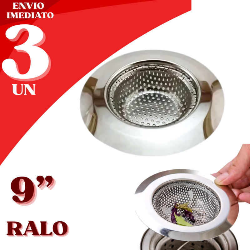 Jogo 3 Ralos Inox 9" Anti Entupimento para Pia Cozinha Banheiro Cesto Removível