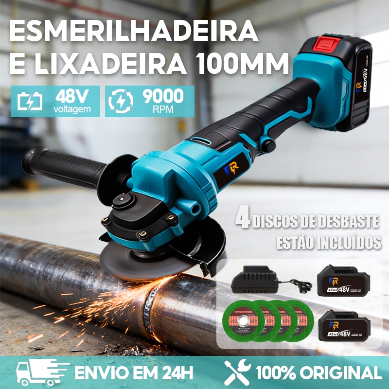 Esmerilhadeira Lixadeira Elétrica Sem Fio Angular 100mm 2 Baterias 48V 4 Discos em Oferta na Shopee