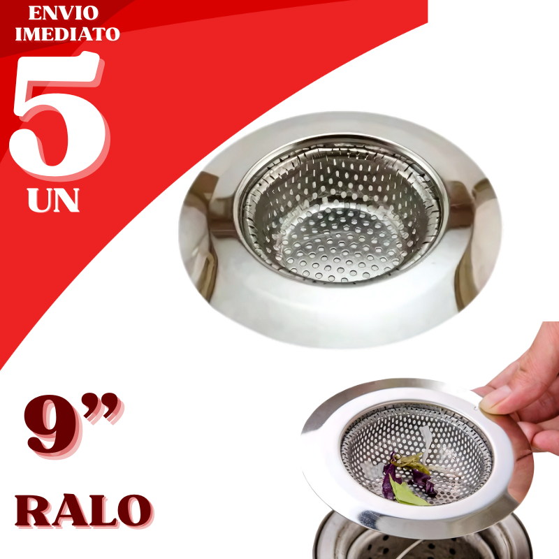 Jogo 5 Ralos Inox 9" Anti Entupimento para Pia Cozinha Banheiro Cesto Removível