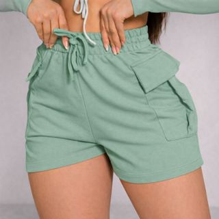 Shorts Alfaiataria Cargo Feminino Cintura Alta com Bolsos Laterais em Oferta na Shopee