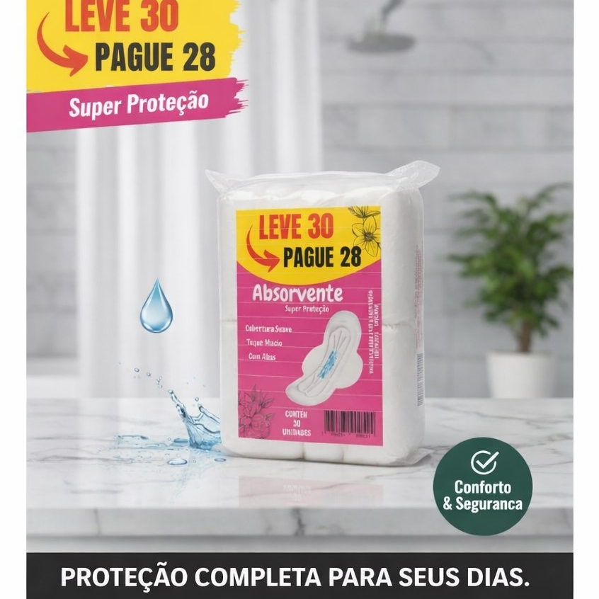 Absorvente Íntimo Leve – Leve 30 Pague 28 | Cobertura Suave com Abas e Fita
