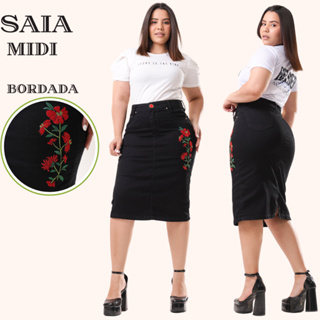 Saia Jeans Midi Evangelica Com Lindo Bordado Em Flores Vermelho E Verde Cintura Alta com Lycra Na Cor Preto em Oferta na Shopee