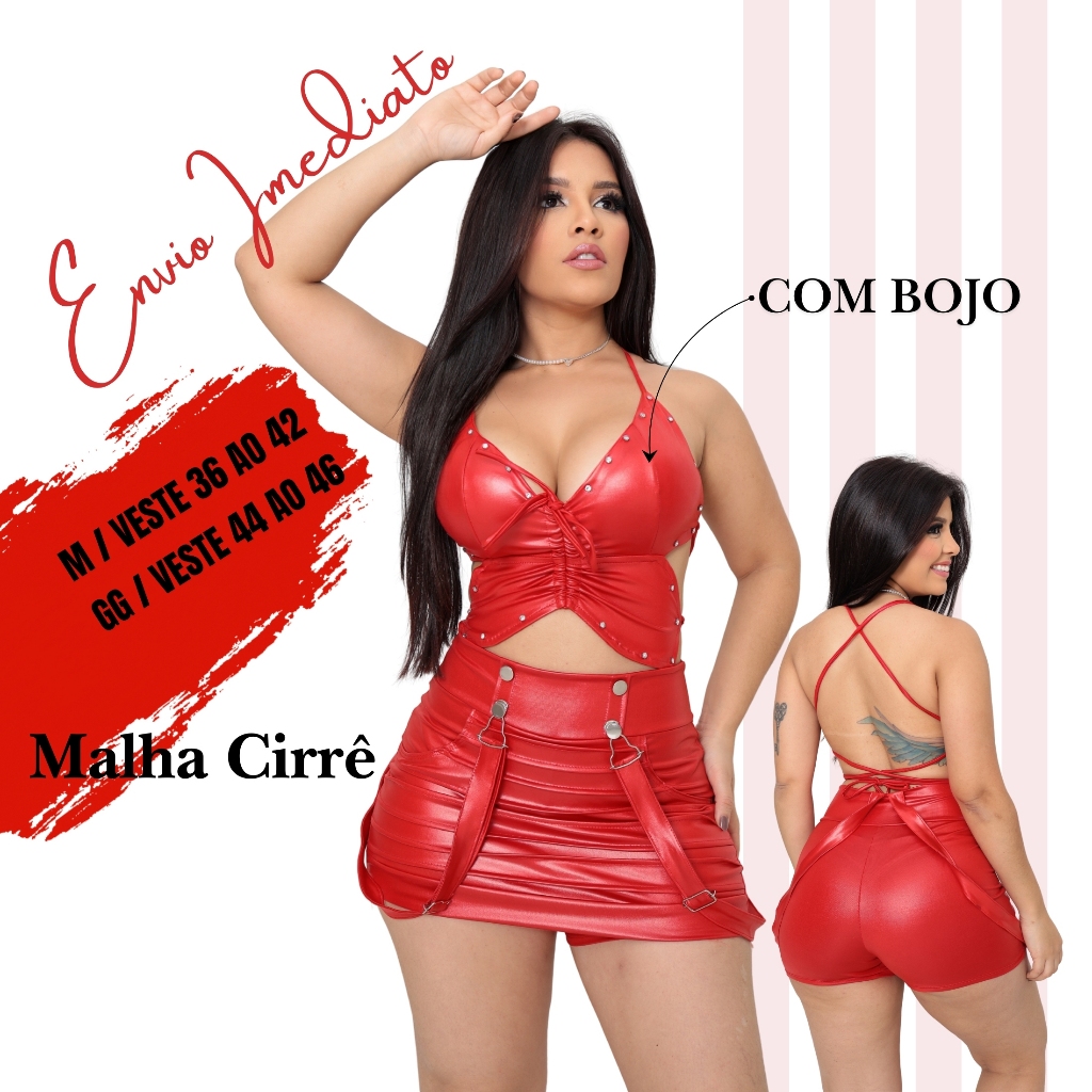 Conjunto Cropped Top + Short Saia Cirrê Premium Feminino em Oferta na Shopee