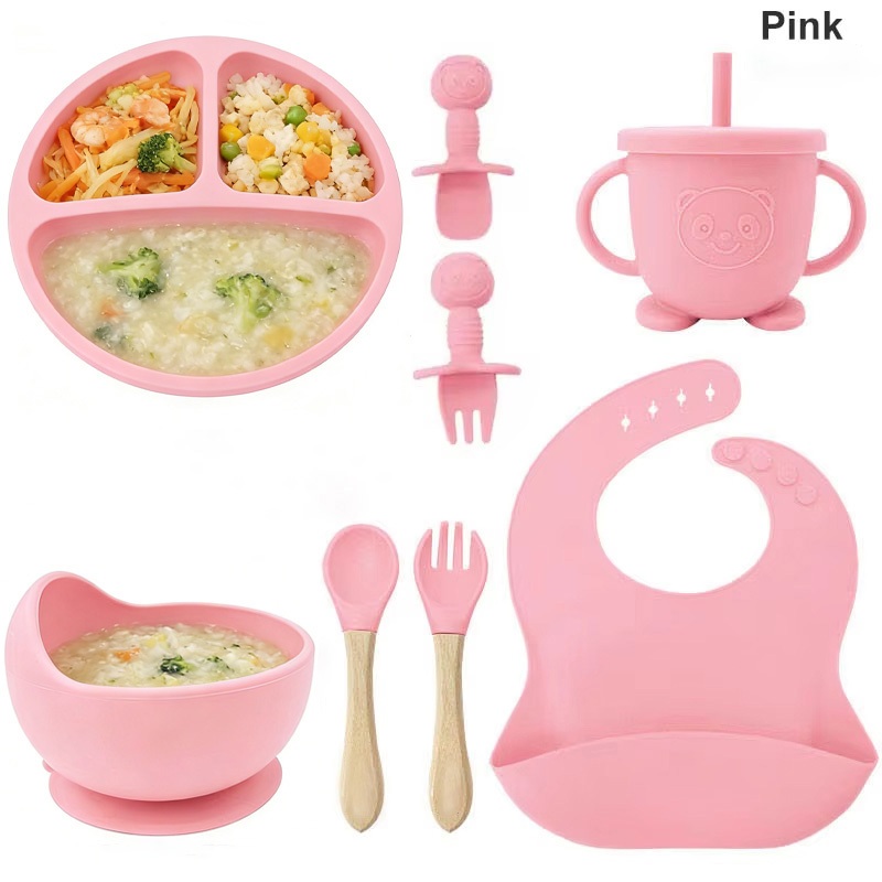 Talheres do Bebê Conjunto 8 Peças Prato De Jantar De Silicone Para Bebês Com Tigela De ventosa Sippy Cup Bibs Colher