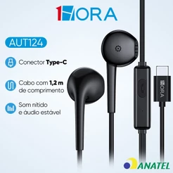 1HORA Fone De Ouvido Intra-auricular Com Fio Aut124 Cabo Tipo C Preto Branco