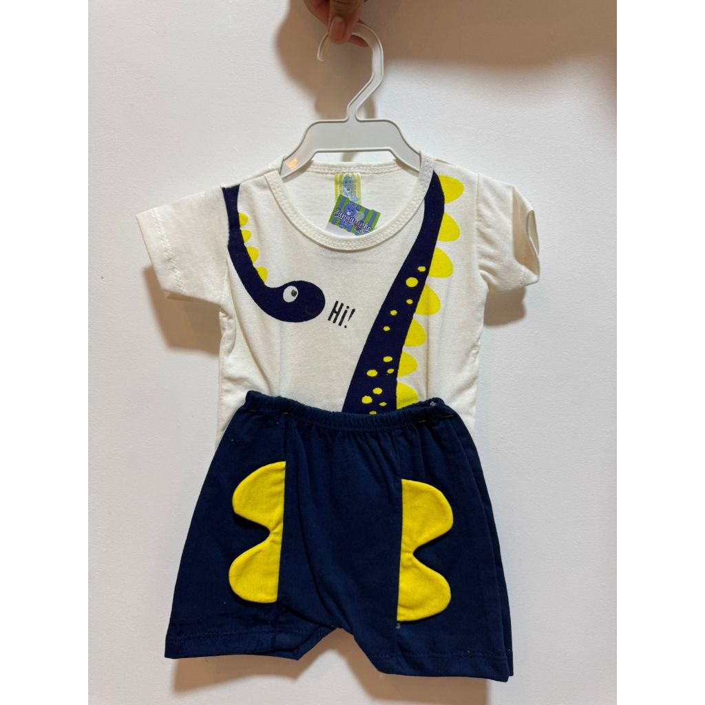 Conjunto Bebê Menino Dinossauro – Camiseta Estampada + Shorts Azul Marinho | Infantil Masculino
