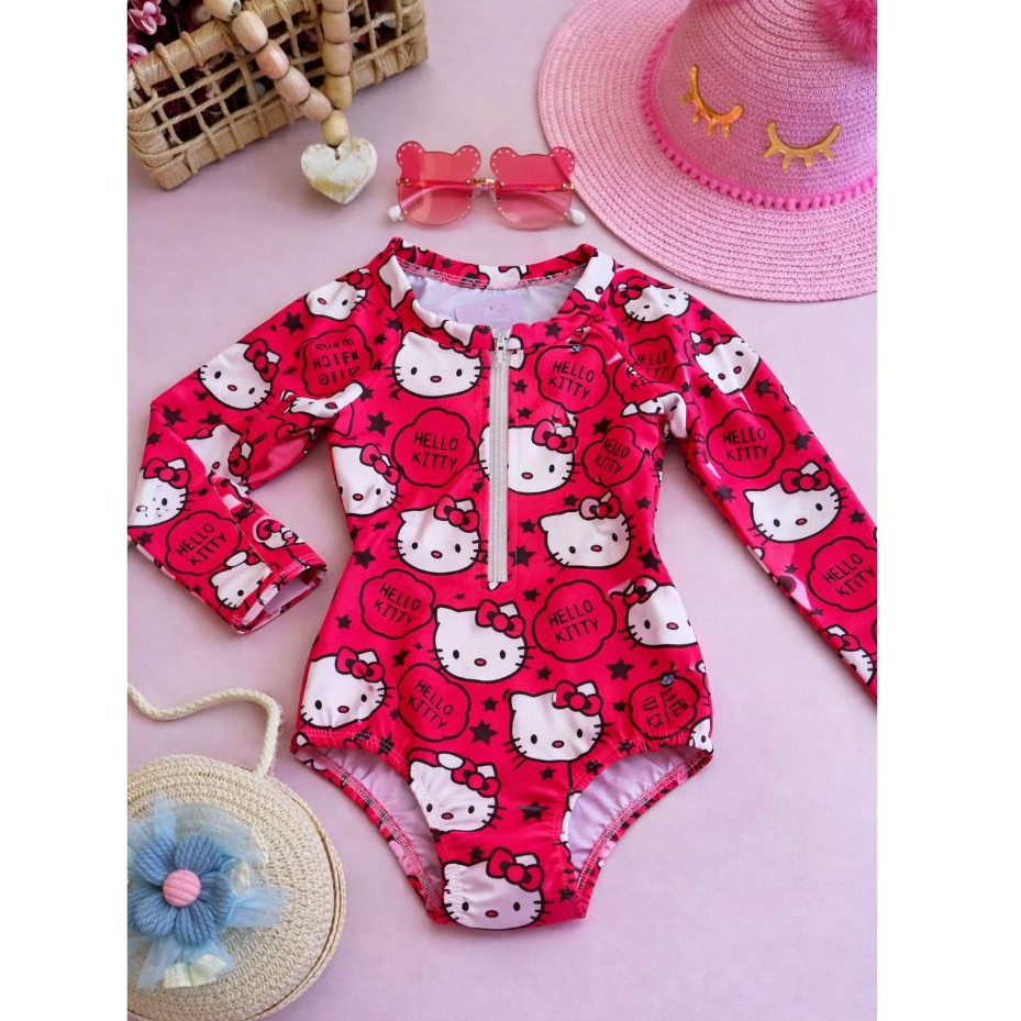 Moda Praia Infantil: Maiô Pink com Zíper Frontal Hello Kitty