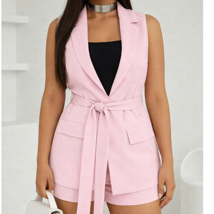 Conjunto Feminino em Alfaiataria Premium com Shorts e Max Colete com Cinto em Oferta na Shopee